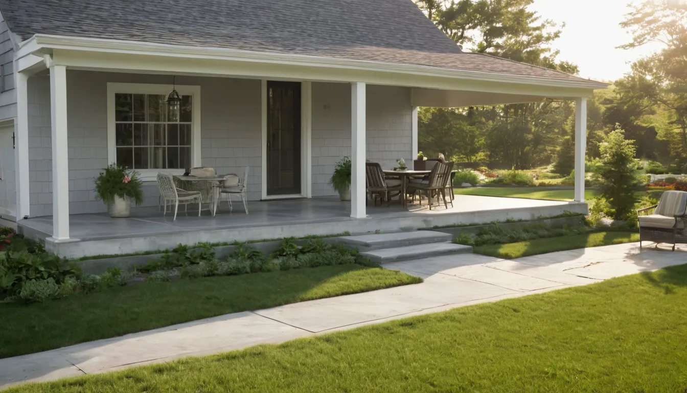 A new poured concrete patio behind a home in Bernardsville with outdoor chairs and a table